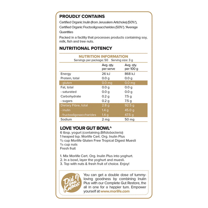 Morlife Inulin Plus Certified Organic 150g Nutritional Panel Wicked NRG