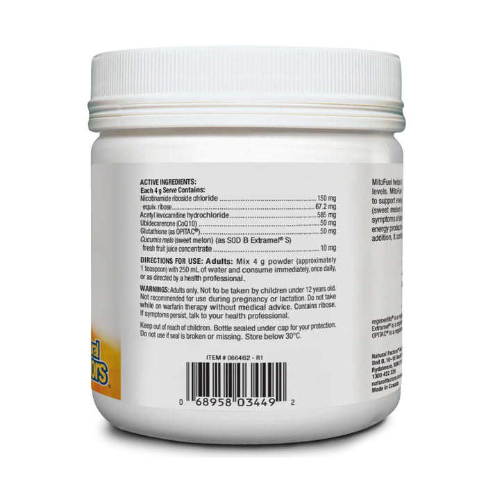 Natural Factors Regenerlife MitoFuel Watermelon 120 Grams  Nutritional Panel Wicked NRG