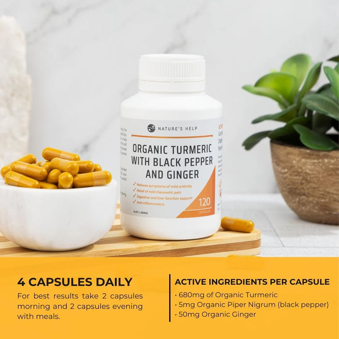 Nature's Help Turmeric Capsules with Black Pepper & Ginger 120 Capsules Ingredients Wicked NRG