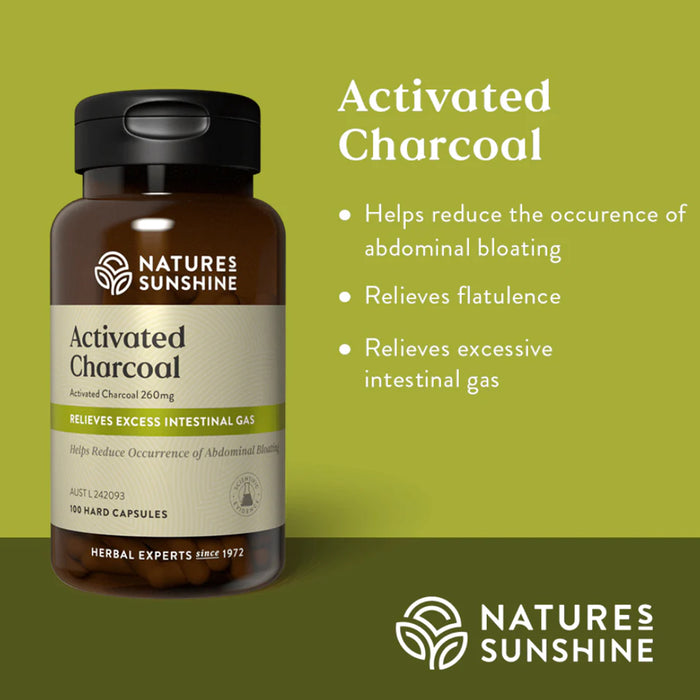 Nature’s Sunshine Activated Charcoal capsules bottle, benefits, Wicked NRG