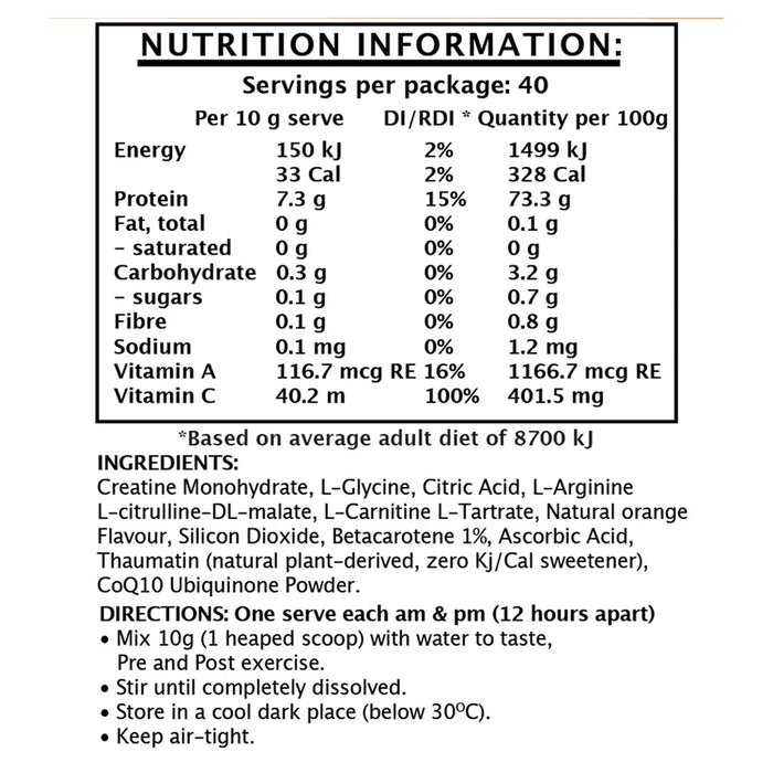 NiOx Health Nitric Oxide Infusion Amino Acid Complex, 400G, Nutritional Panel, Wicked NRG