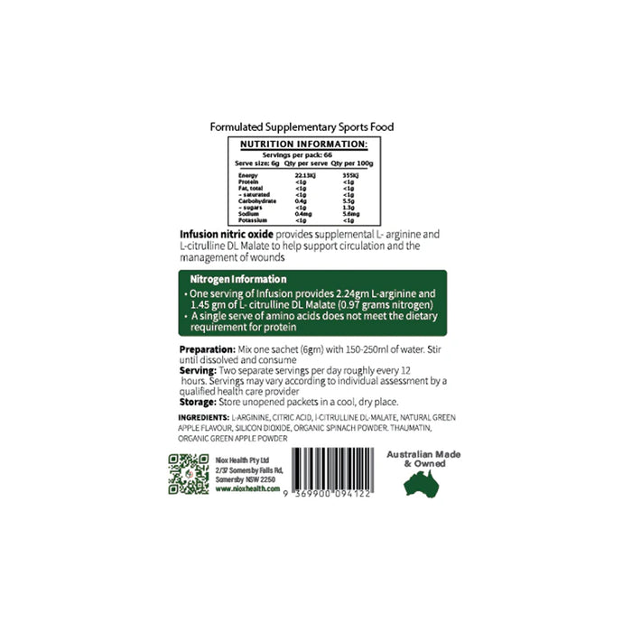 Niox Health NiOx Infusion apple Sachets (28 Pack)Nutritional Panel Wicked NRG