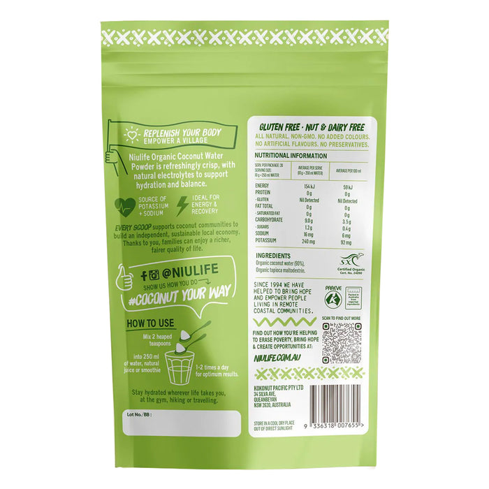 Niulife Organic Coconut Water Powder 200g Nutritional Panel Wicked NRG