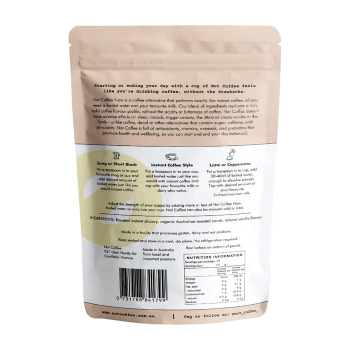 Not Coffee Instant Coffee Alternative 120g Vanilla Ingredients Wicked NRG