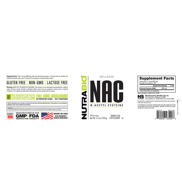 NutraBio NAC (N-Acetyl-Cysteine) Powder 150g ingredients Wicked NRG
