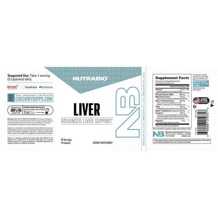 NutraBio LIVER SUPPORT (30 Serve) 90 capsules Label Ingredients Wicked NRG