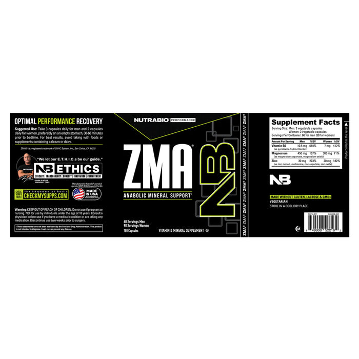 NutraBio ZMA Zinc, Magnesium Vitamin B6 180 Capsules Label Wicked NRG