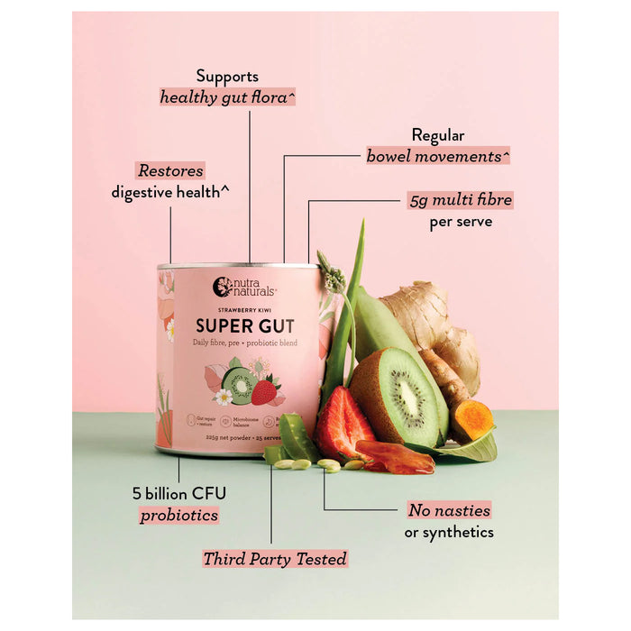 Nutra Naturals Super Gut, Strawberry Kiwi, 25 Serves, 225g a Wicked NRG