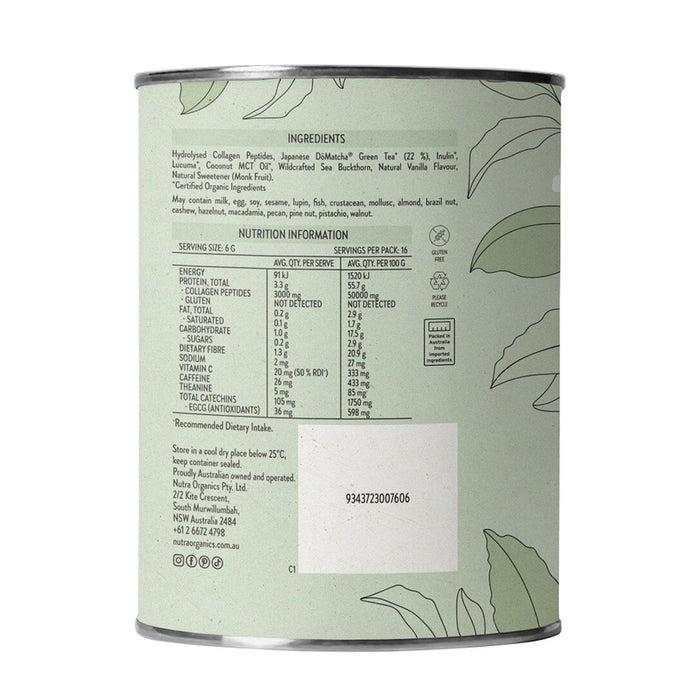 Nutra Organics Collagen Matcha Latte 100 grams Nutritional Panel Wicked NRG