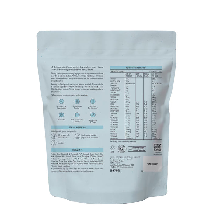 Nutra Organics Thriving Family Protein Smooth Vanilla 1kg Nutritional Panel Wicked NRG