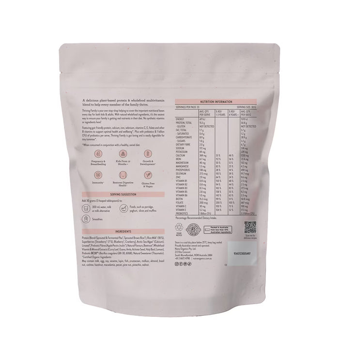 Nutra Organics Thriving Family Protein Strawberries & Cream 1kg Nutritional Panel Wicked NRG