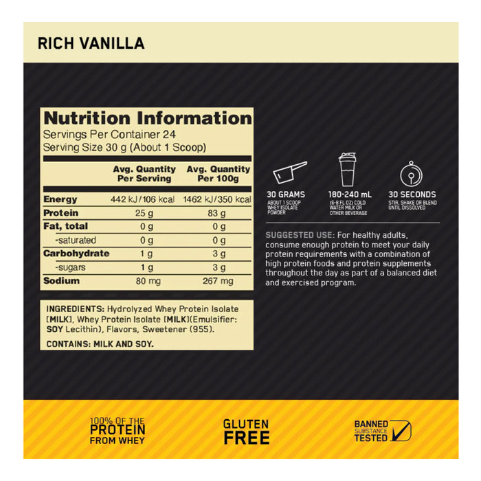 Optimum Nutrition Gold Standard 100% Isolate Protein, Nutritional Panel Wicked NRG