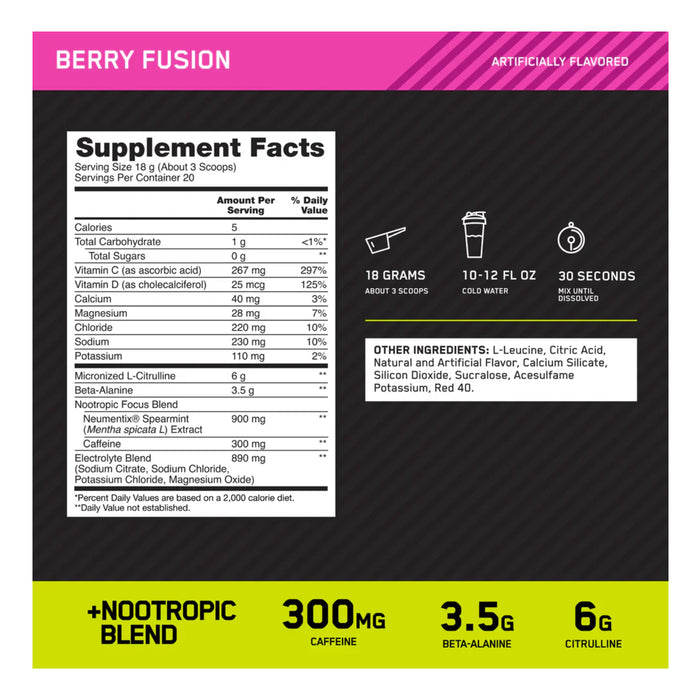 Optimum Nutrition Pre-Workout Nutritional Panel 20 Serves, 360g Wicked NRG