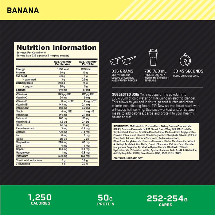 Optimum Nutrition Serious Mass Banana 6lb, 2.7kg,Nutritional Panel, Wicked NRG