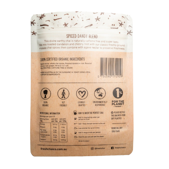 Organic Spiced Dandy Fresh Sticky Chai Blend Nutritional Panel, Wicked NRG