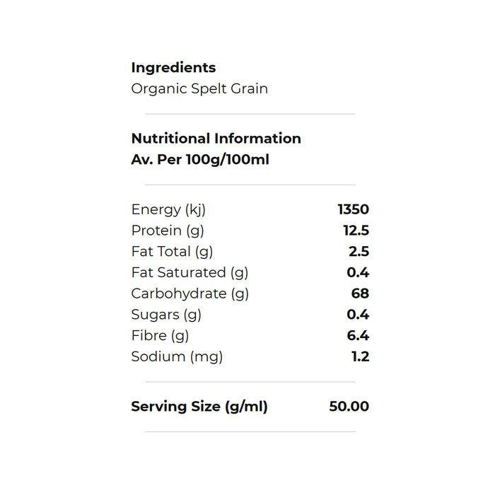 Organic Stoneground White Spelt Flour 100g Nutritional Panel Wicked NRG