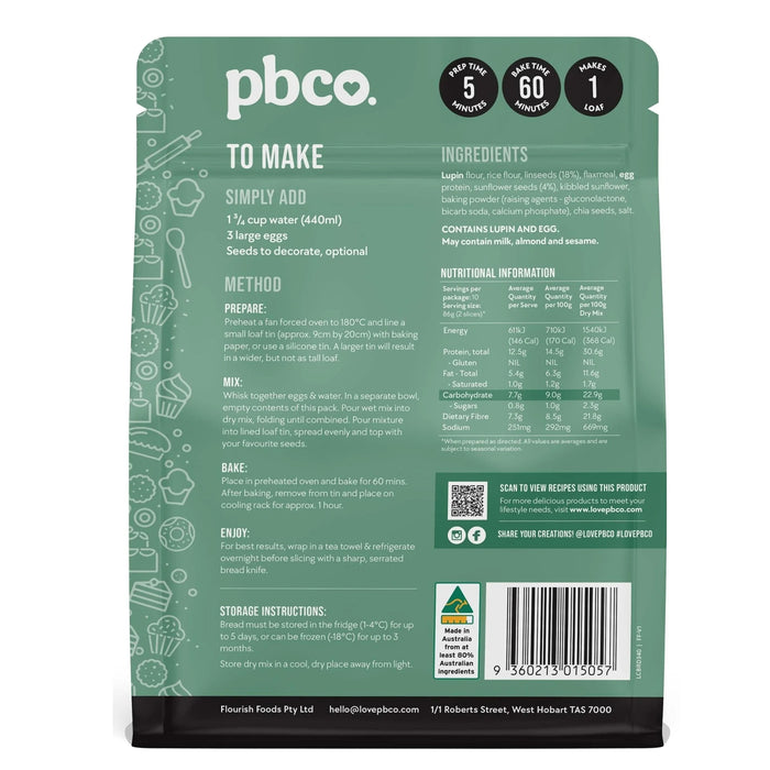 PBCO Low Carb Sunflower & Linseed Bread Mix - 340g Nutritional Panel Wicked NRG