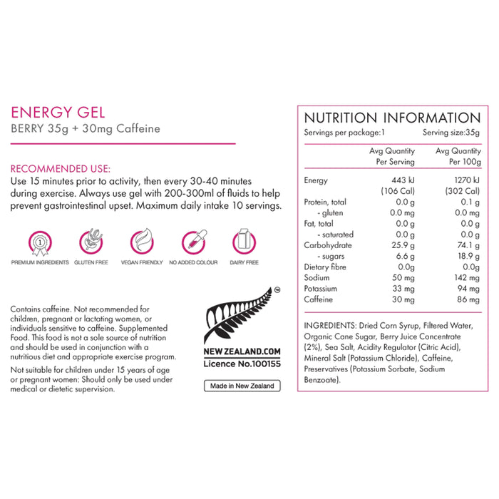 PEAKFUEL Berry 35g Energy Gel Caffeine Nutritional Panel Wicked NRG