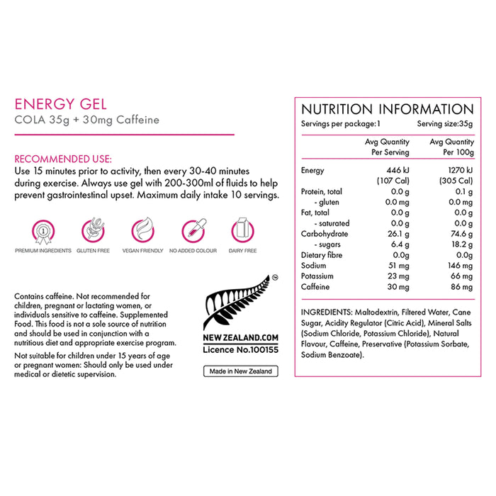 PEAKFUEL Cola 35g Energy Gel Caffeine Nutritional Panel Wicked NRG
