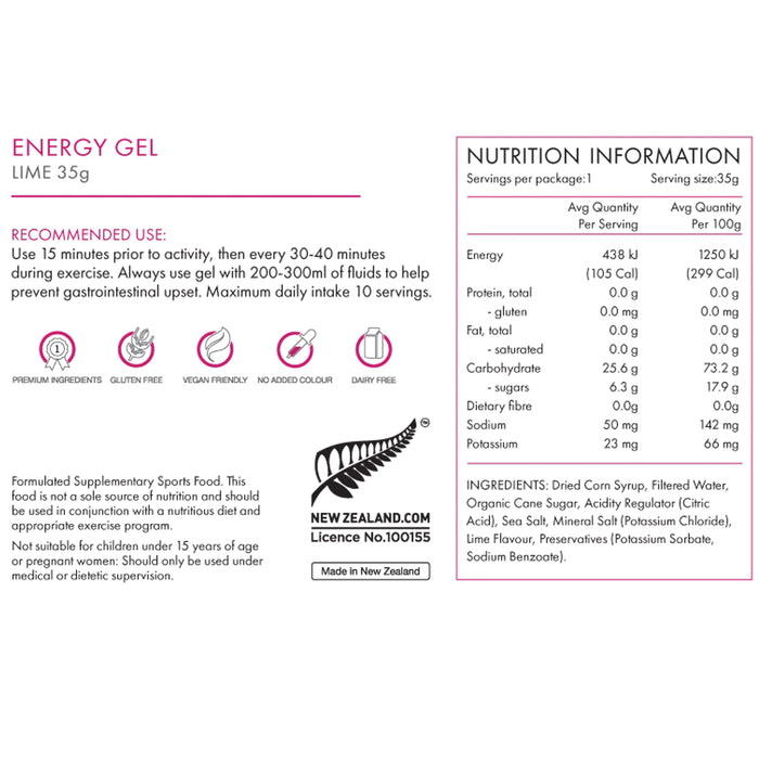 PEAKFUEL Lime 35g Energy Gel No Caffeine Nutritional Panel Wicked NRG