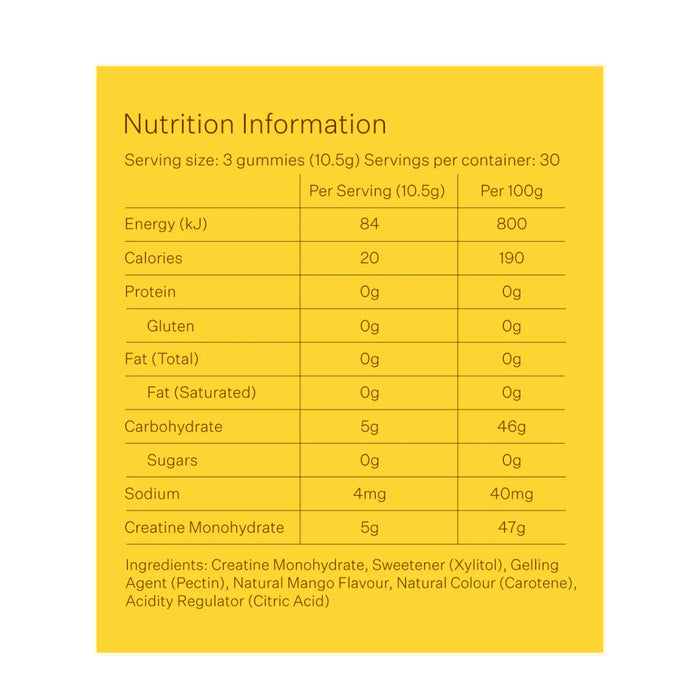 PUSH Gummies Mango Creatine Monohydrate Gummies 90 serves, Nutritional Panel Wicked NRG