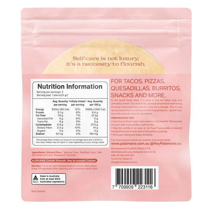 Palamano Almond Tortillas 5pack 125g Nutritional Panel Wicked NRG