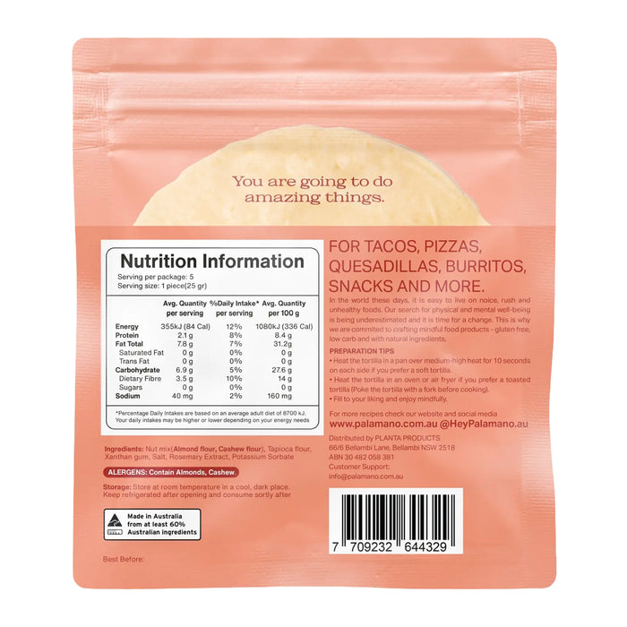 Palamano Cashew Tortillas 5pack 125g Nutritional Panel Wicked NRG