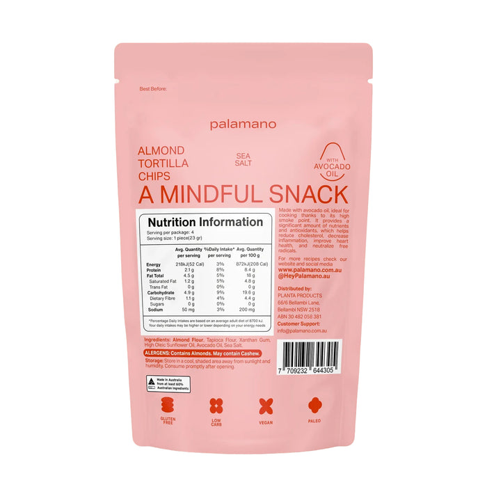 Palamano Sea Salt Almond Tortilla Chips 90g Nutritional Panel, Wicked NRG