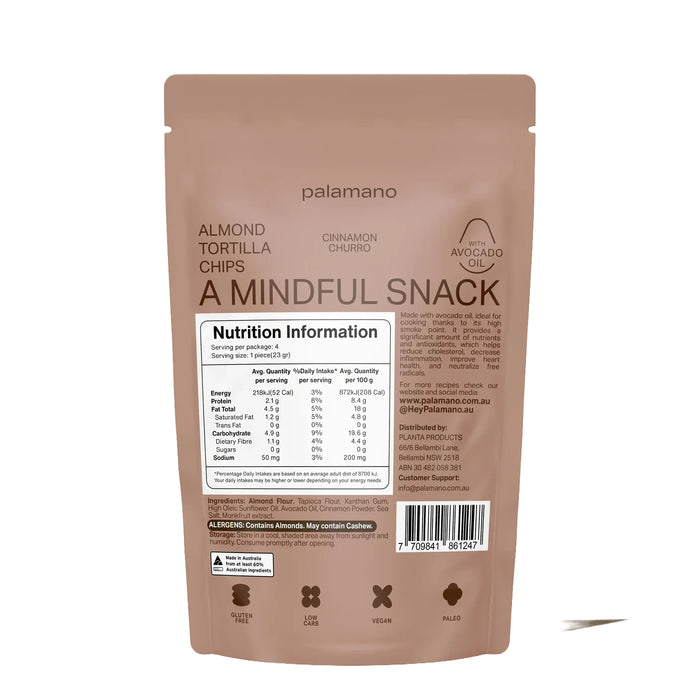 Palamano Sea Salt Almond Tortilla Chips Cinnamon Churro, 90g  Nutritional Panel, Wicked NRG