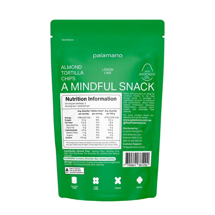 Palamano Sea Salt Almond Tortilla Chips Lemon Lime 90g, Nutritional Panel, Wicked NRG