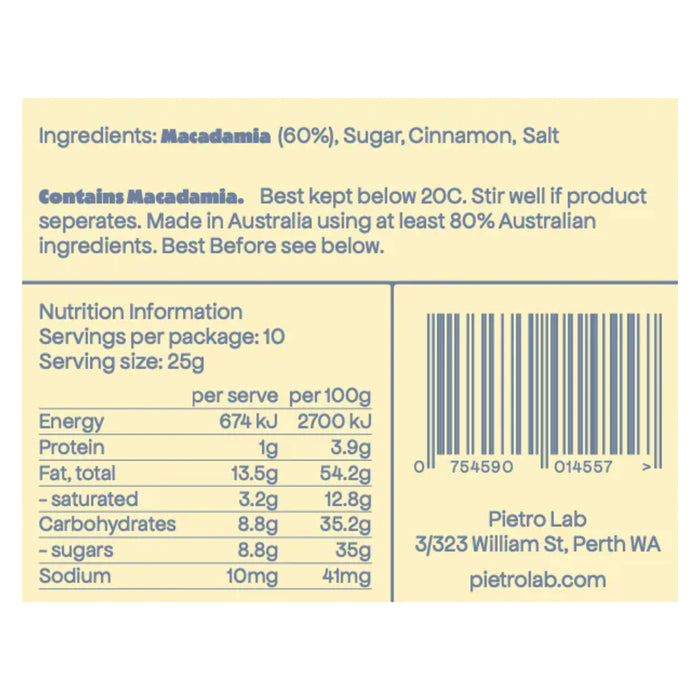 Pietro Lab Macadamia & Cinnamon Spread 250g Nutritional Panel Wicked NRG
