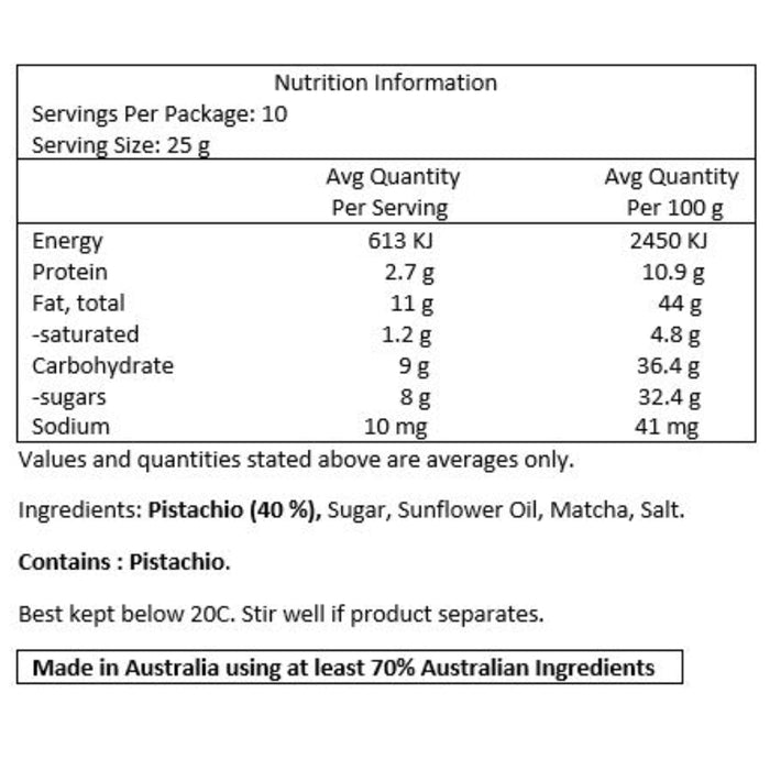 Pietro Lab Matcha Pistachio Spread 250g Nutritional Panel Wicked NRG