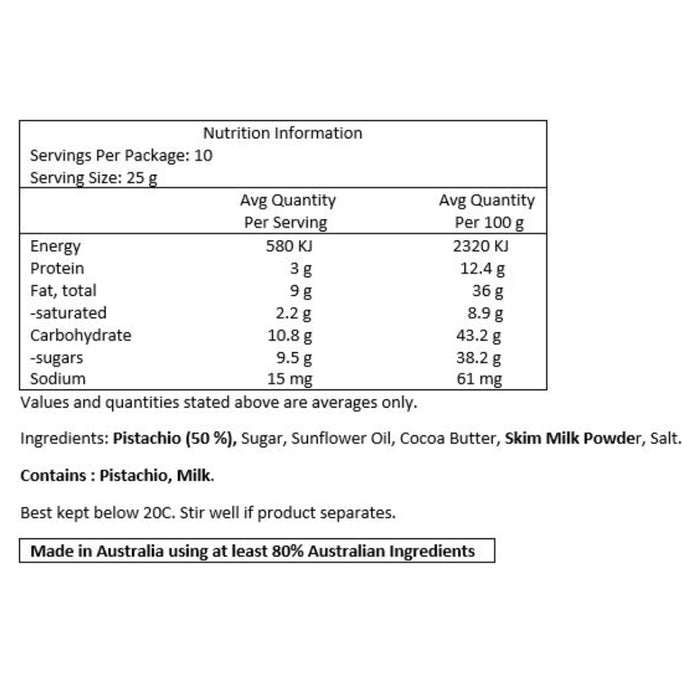 Pietro Lab Pistachio Cream 250g Nutritional Panel Wicked NRG