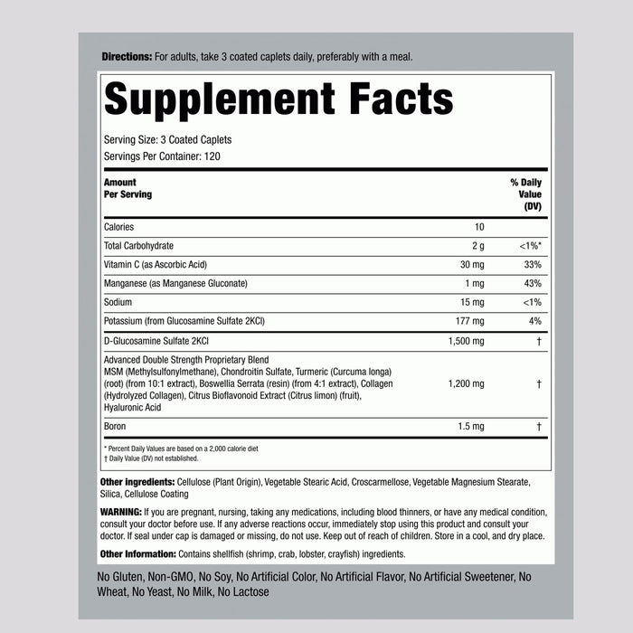 Piping Rock Advanced Double Strength Glucosamine Chondroitin MSM Plus Turmeric, Nutritional Panel Wicked NRG