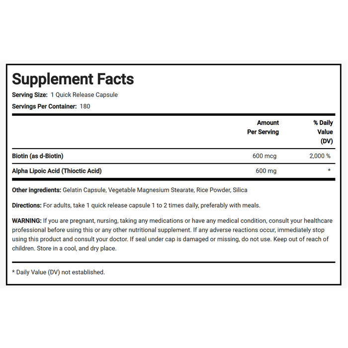 Piping Rock Alpha Lipoic Acid, 600 mg, 180 Quick Release Capsules Nutritional Panel, Wicked NRG