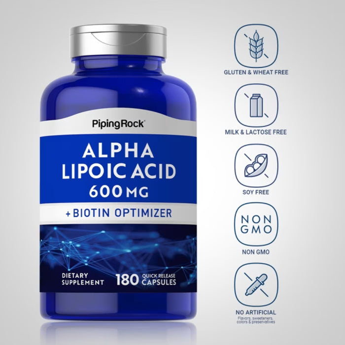 Piping Rock Alpha Lipoic Acid, 600 mg, 180 Quick Release Capsules Nutritional Panel,  Wicked NRG