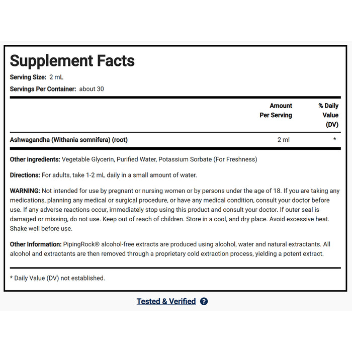 Piping Rock Ashwagandha Liquid Extract Alcohol Free (118 mL) Ingredients Wicked NRG