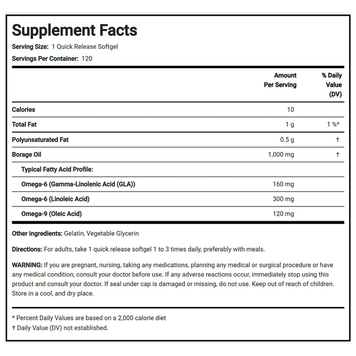 Piping Rock Borage Oil (GLA), 1000 mg, 120 Quick Release Softgels Nutritional Panel Wicked NRG