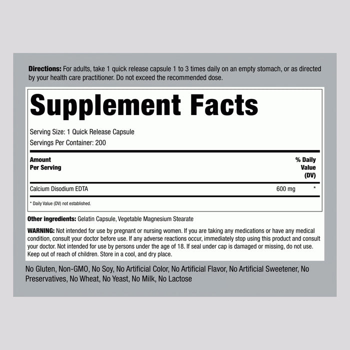 Piping Rock EDTA Calcium Disodium, 600 mg, 200 Quick Release Nutritional Panel Wicked NRG