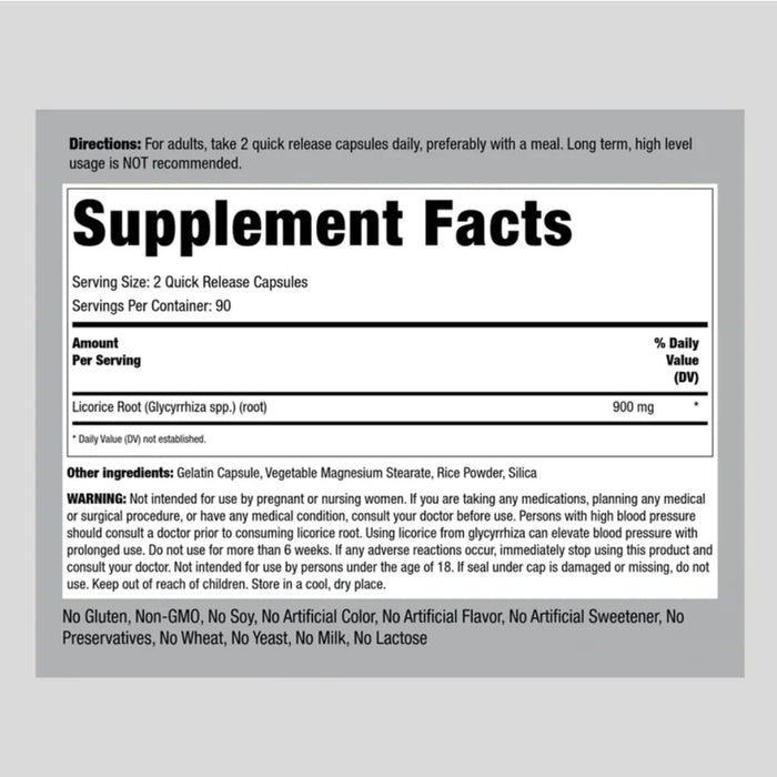 Piping Rock Licorice Root Extract 900 mg 180 Capsules Nutritional Panel Wicked NRG