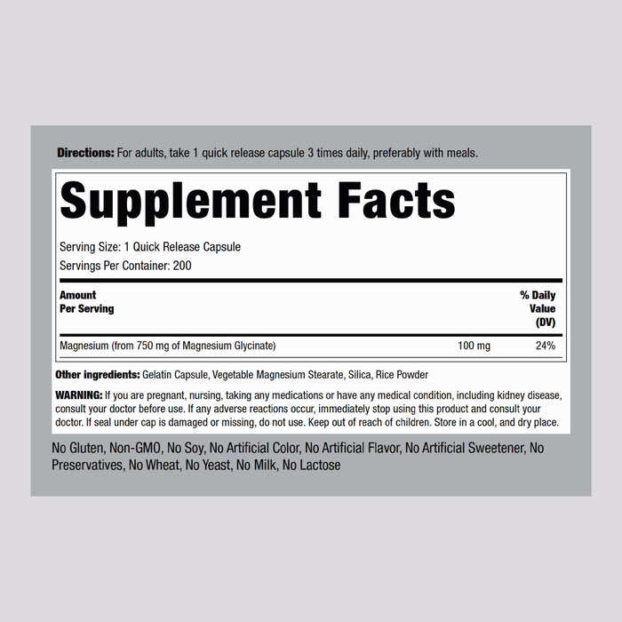 Piping Rock Magnesium Glycinate, 750 mg, 200 Quick Release Capsules Nutrition Wicked NRG