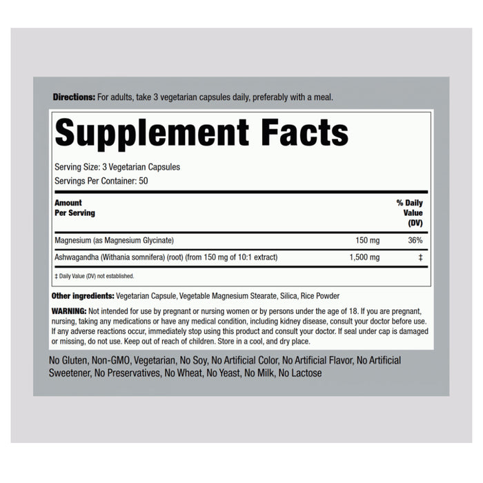 Piping Rock Magnesium Glycinate + Ashwagandha, 150 Vegetarian Capsules Ingredients Wicked NRG