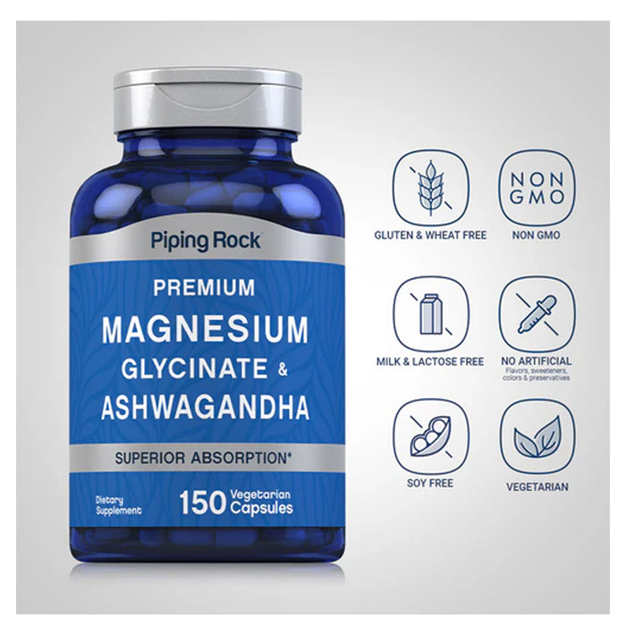 Piping Rock Magnesium Glycinate + Ashwagandha, 150 Vegetarian Capsules b Wicked NRG