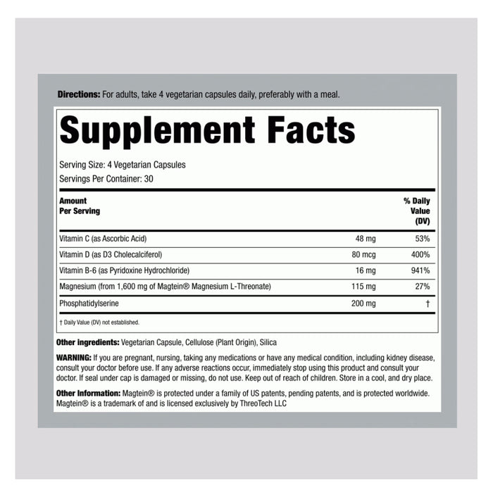 Piping Rock Magnesium L-Threonate Magtein, 120 Vege Capsules Nutritional panel Wicked NRG