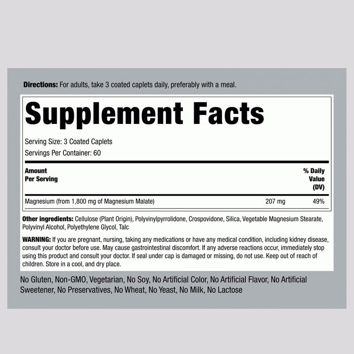 Piping Rock Magnesium Malate, 1800 mg, 180 Coated Caplets Nutritional Panel Wicked NRG