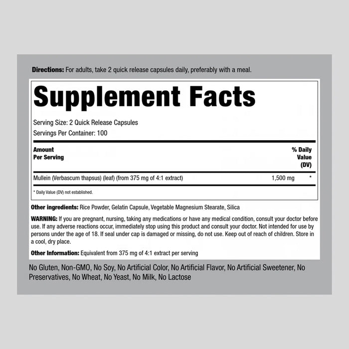 Piping Rock Mullein Leaf Extract 1500mg 200 Capsules Non-GMO Ingredients Wicked NRG