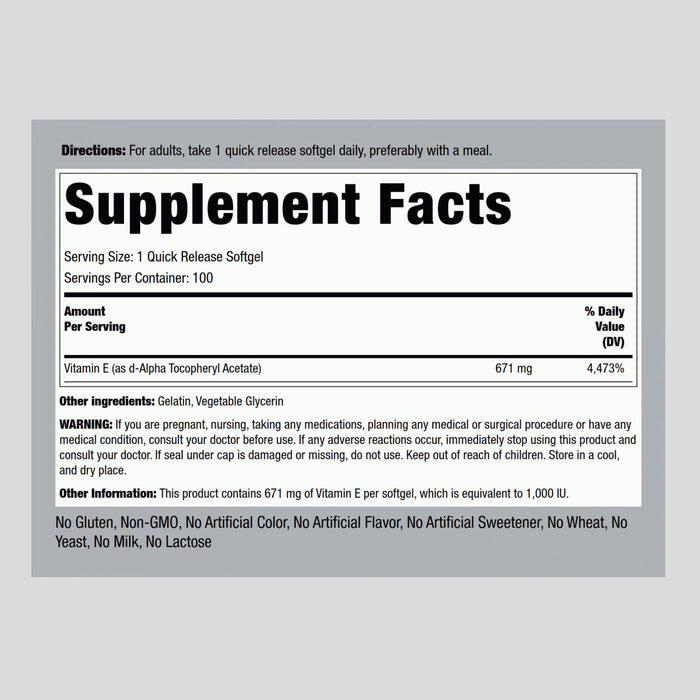 Piping Rock Natural Vitamin E, 1000 IU, 100 Quick Release Softgels Nutritional Panel Wicked NRG