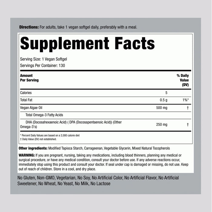 Piping RockOmega-3 Algae Oil Vegan, 500 mg, 130 Veggie Gels Ingredients Wicked NRG