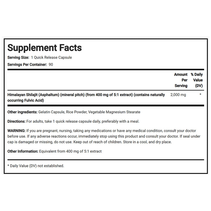 Piping Rock Shilajit Extract, 2000 mg, 90 Quick Release Capsules Nutritional Label Wicked NRG