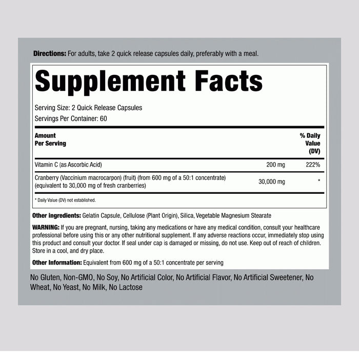 Piping Rock Ultra Triple Strength Cranberry Plus C, 30,000 mg 120 Capsules Nutritional Wicked NRG